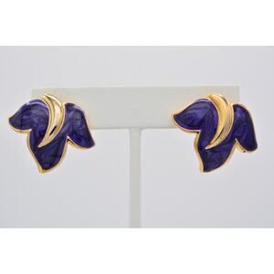 Vintage Flower Earrings Purple Enamel Gold Tone Made in USA Signed 1980s BinAV